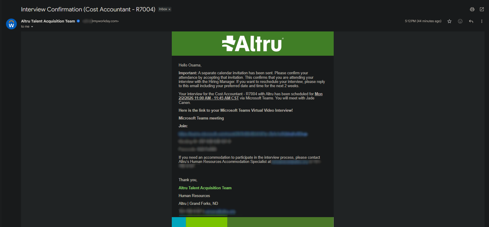 Altru interview confirmation email