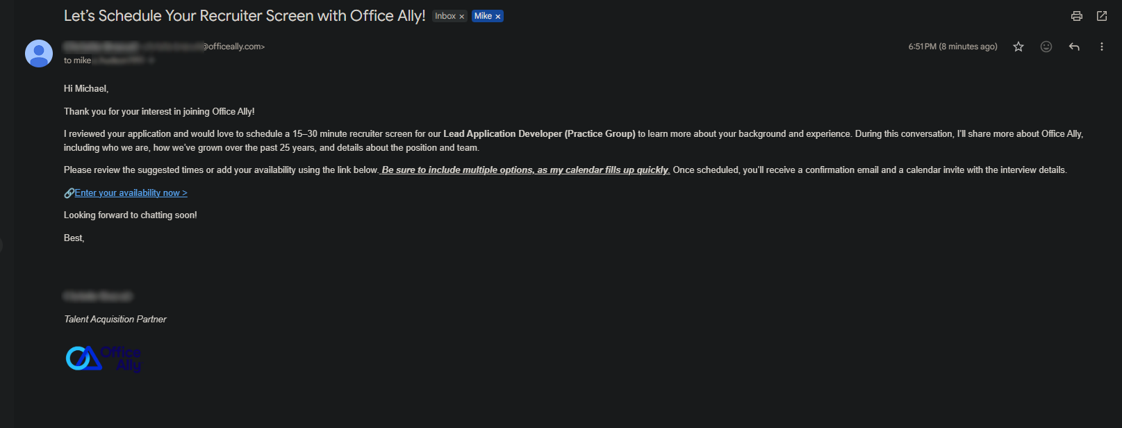 Office Ally recruiter screen email