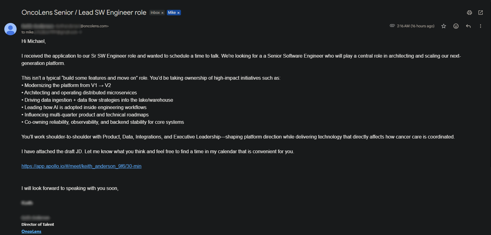 OncoLens interview request email