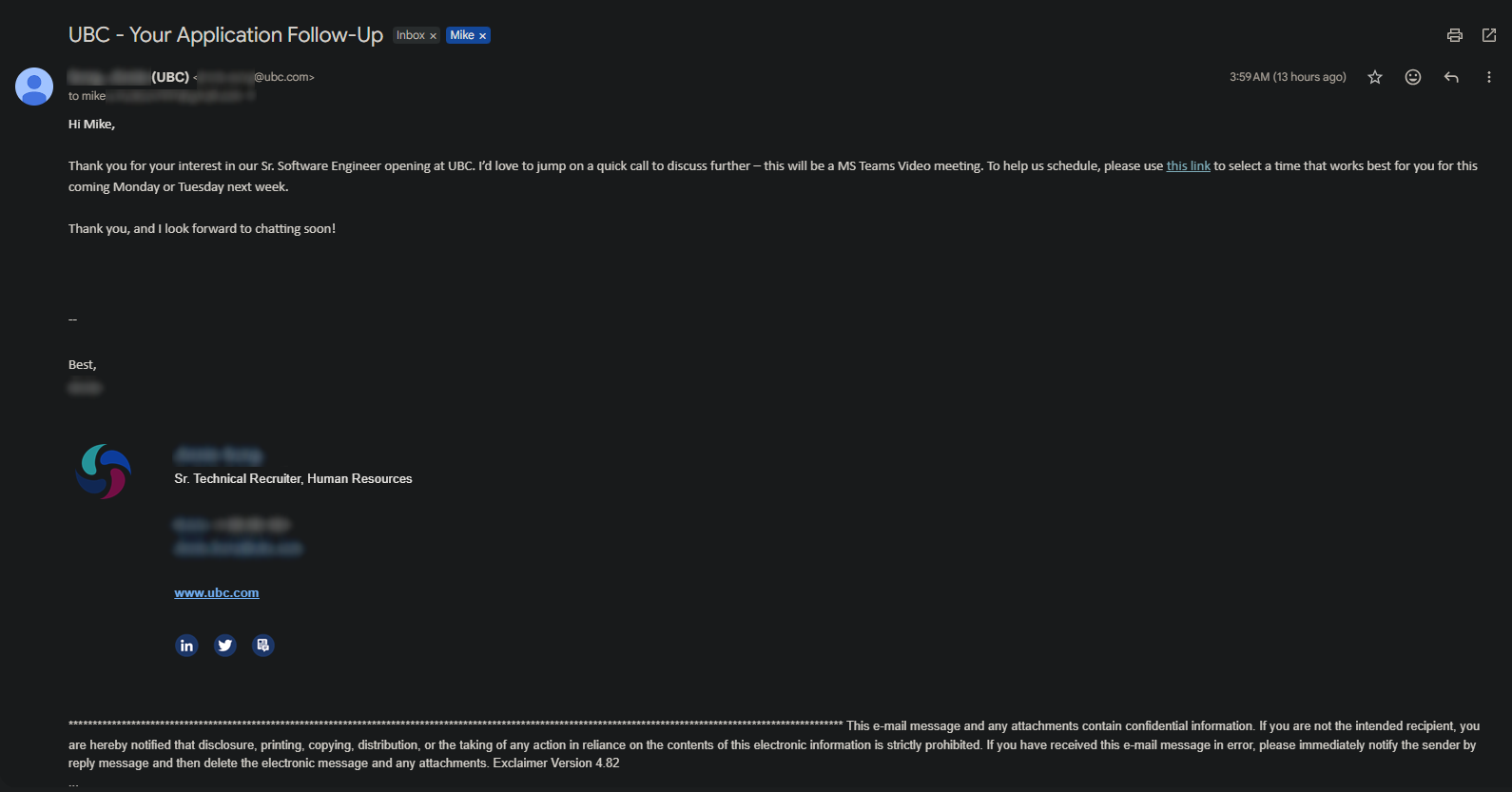 UBC application follow up email